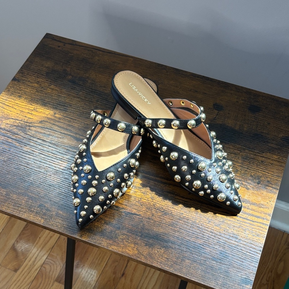 Lisa-Vivien Black Studded Pointed-Toe Mules